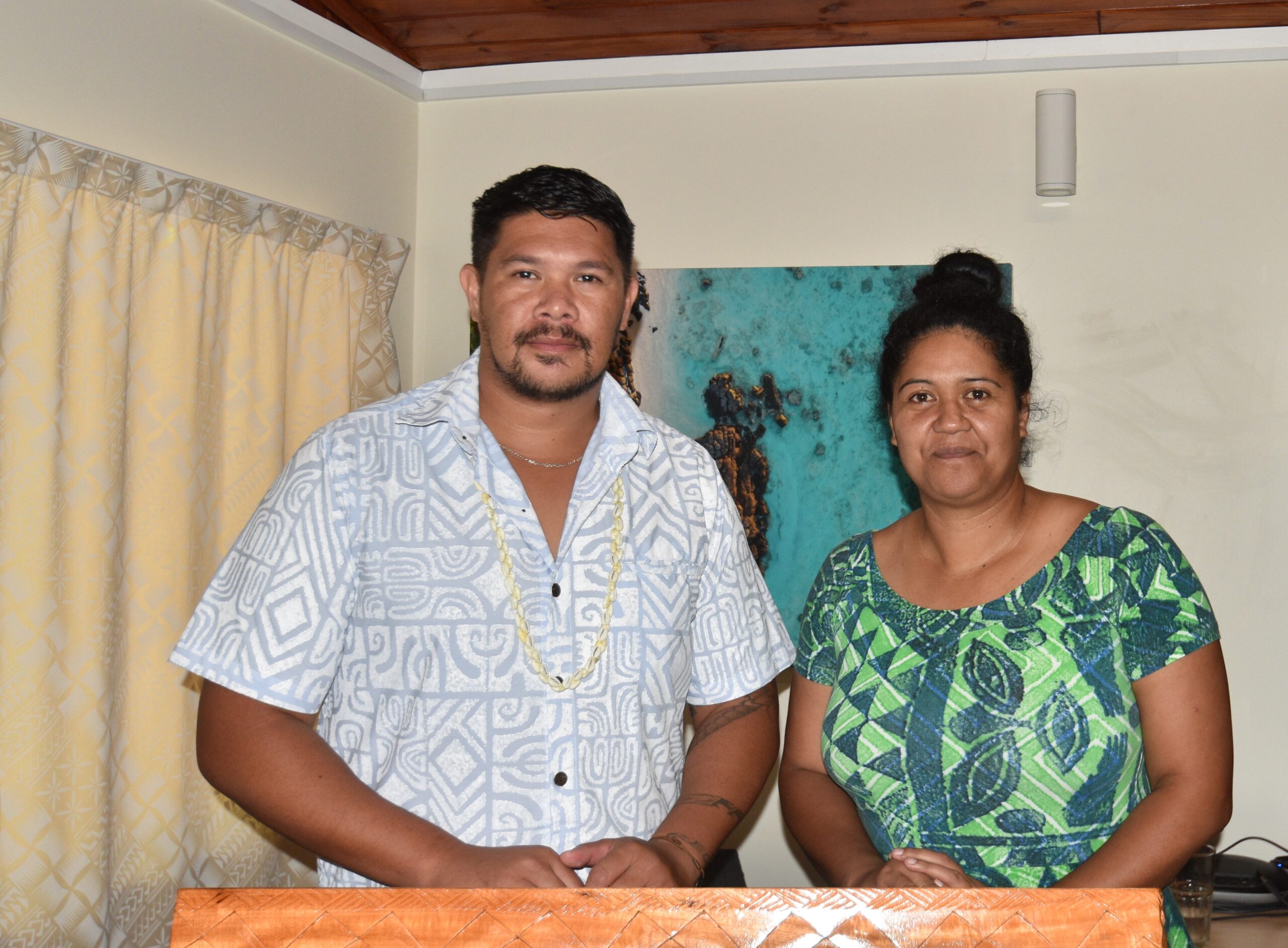 Junior Tapoki, National Environment Service senior environmental compliance officer, with Tekura Moeka’a, NES manager environmental policy and planning